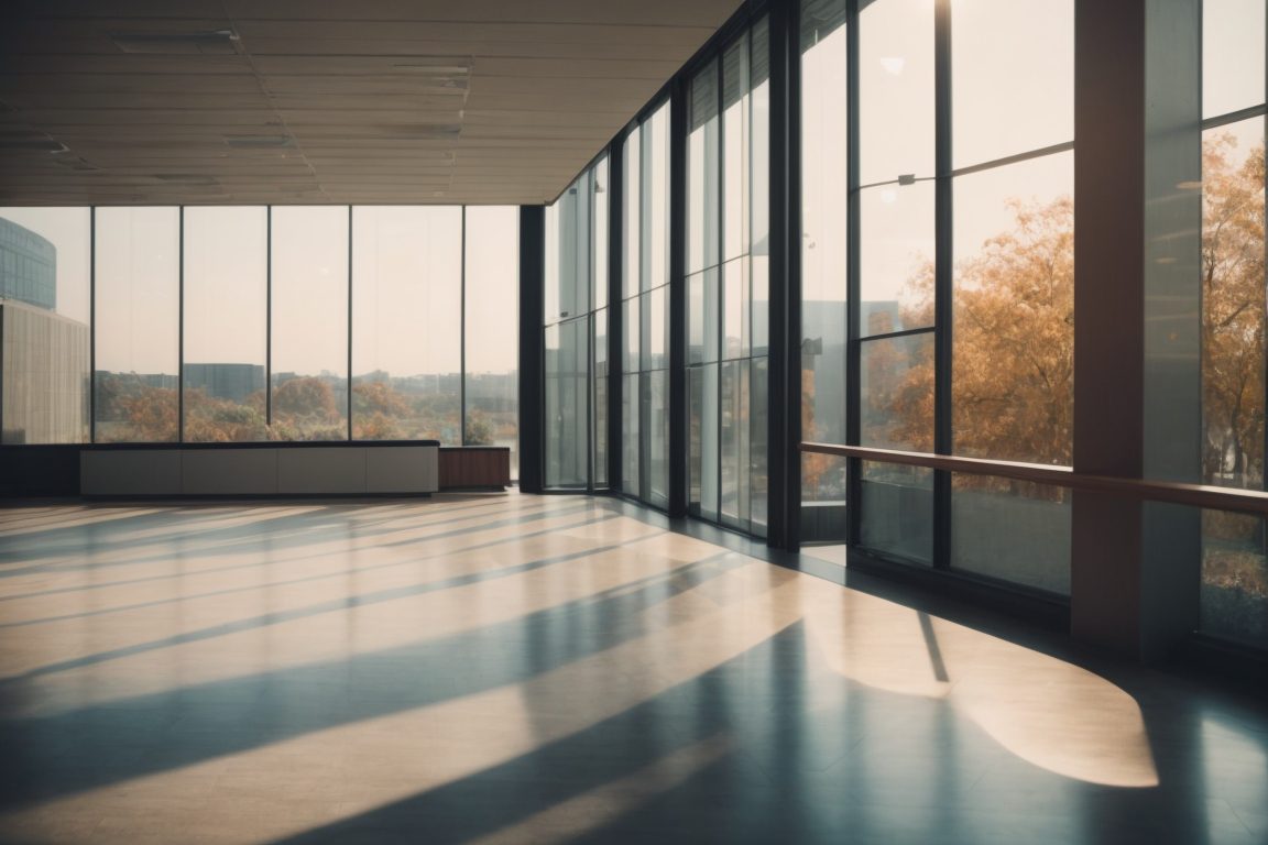Office building with tinted windows and a comfortable interior setting