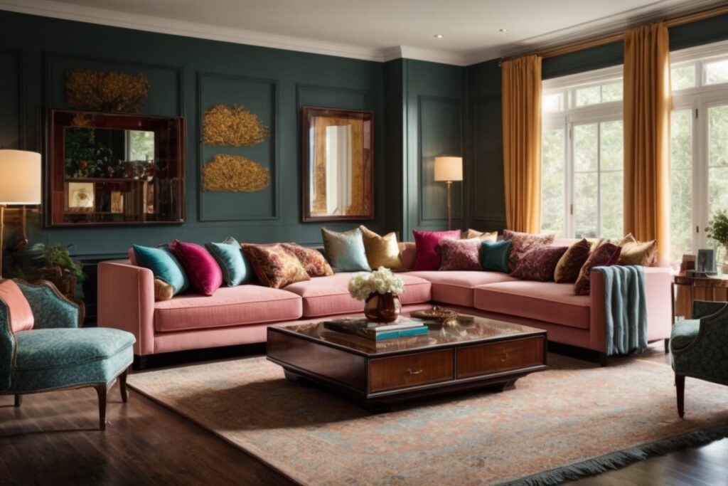 elegant living room with vibrant fabrics and hardwood floors protected by fade prevention window film