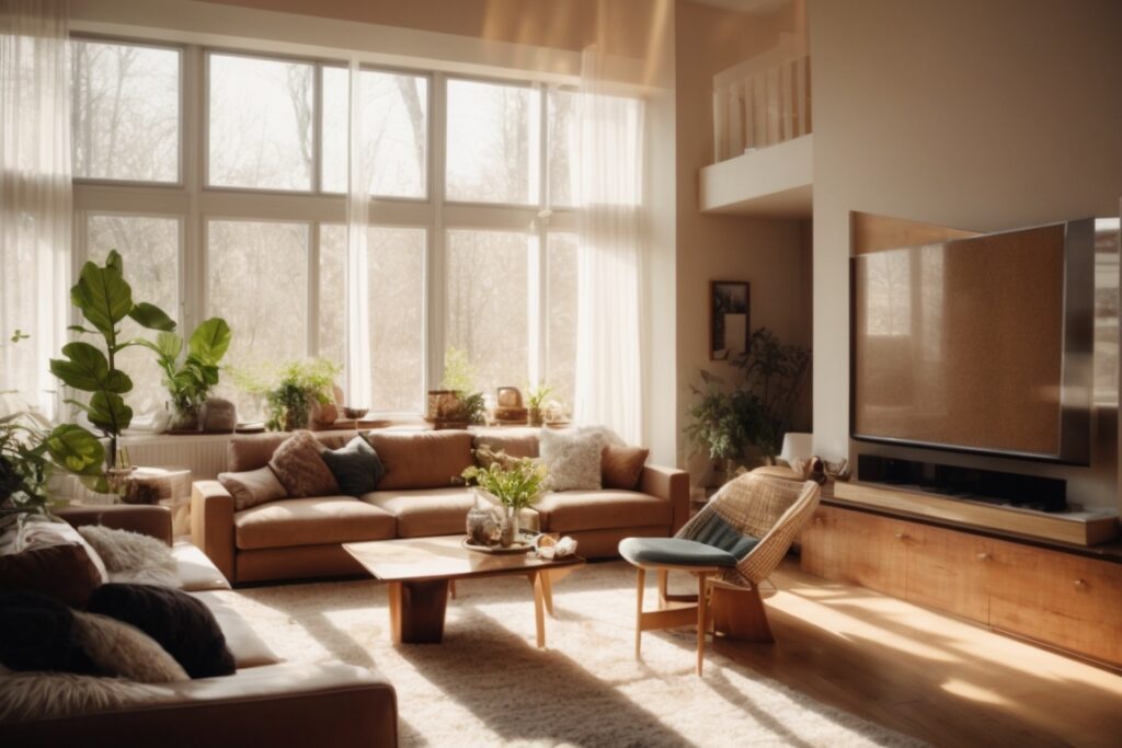Interior of a cozy living room with sunlight filtering through frosted window films