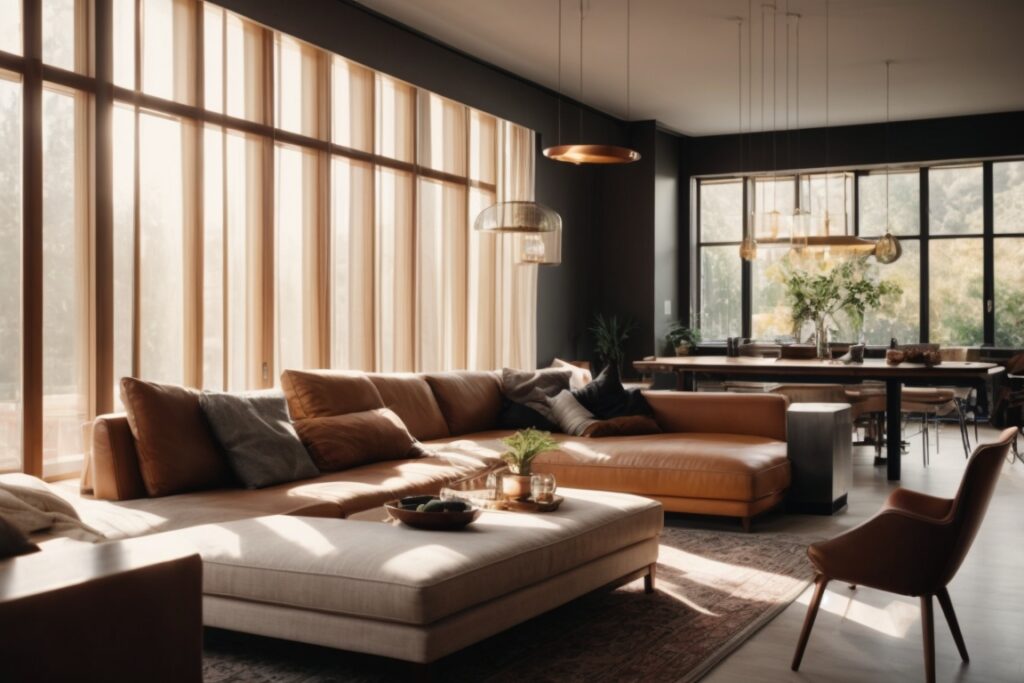 interior with sunlight filtering through window tints, enhancing room privacy and aesthetics