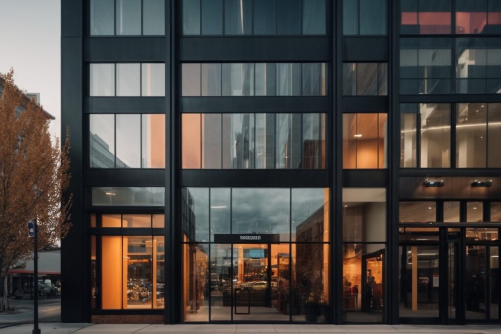 modern commercial storefront in Salt Lake City with enhanced window films and vibrant branding elements