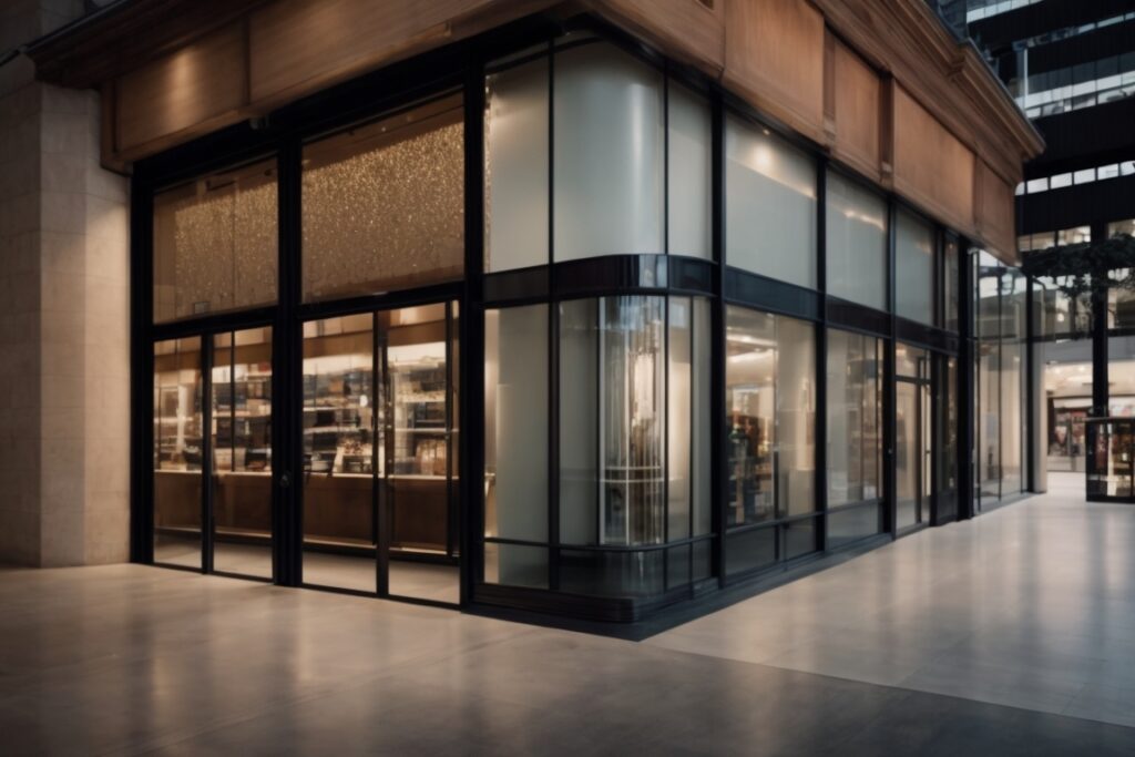 Retail space with decorative window films enhancing privacy and lighting