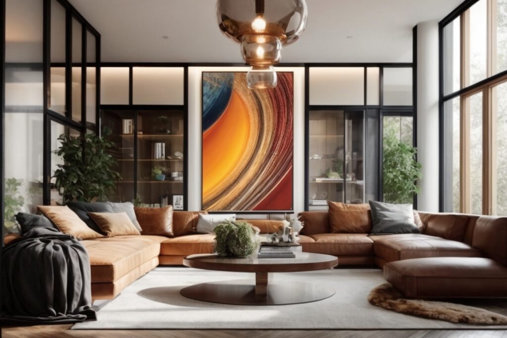 Modern home interior with decorative window films, elegant furniture and vibrant artwork